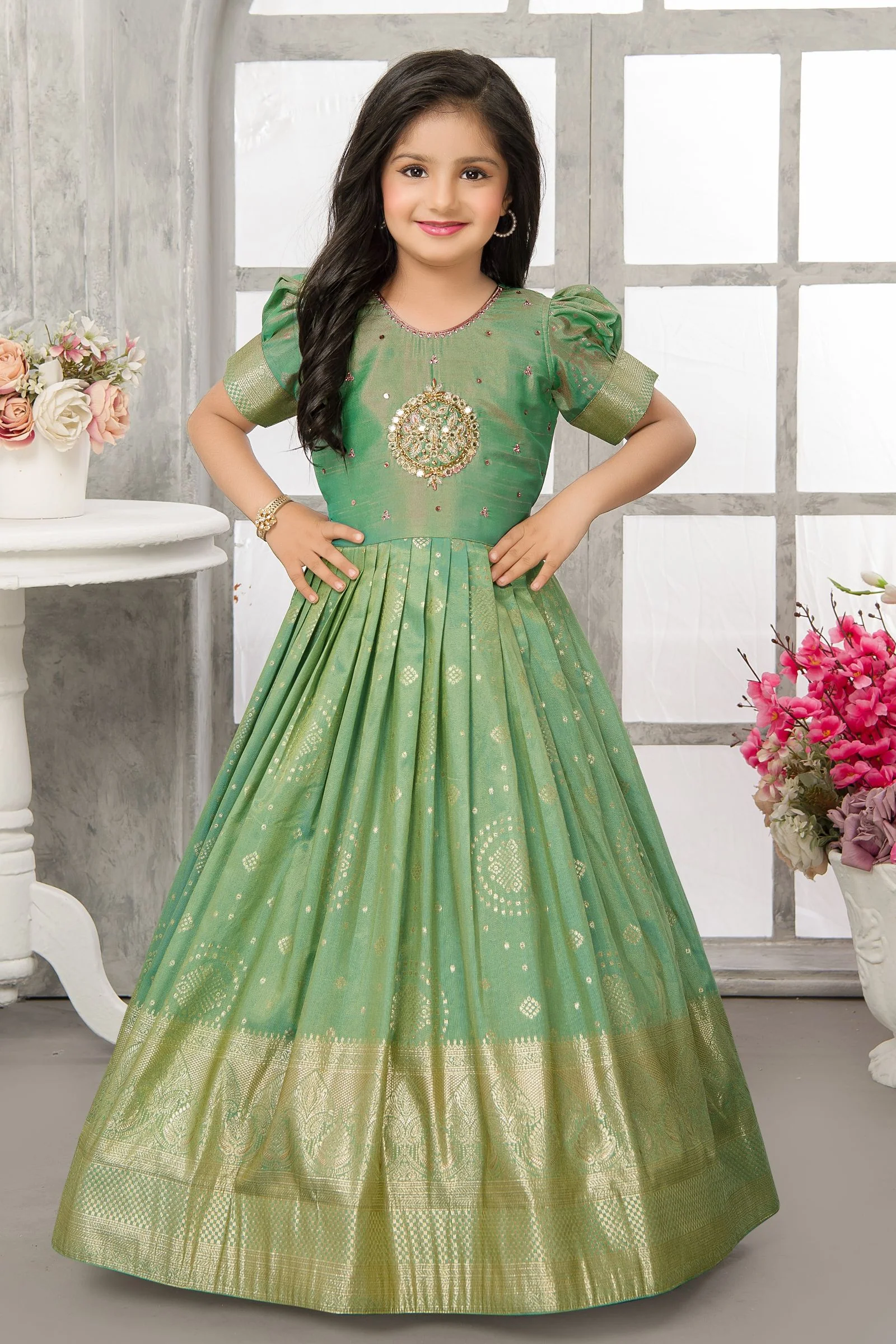 Green Stone, Mirror, Zardozi and Zari work Long Party Gown